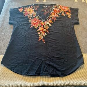 Johnny Was Black Top with Red and Orange Embroidery